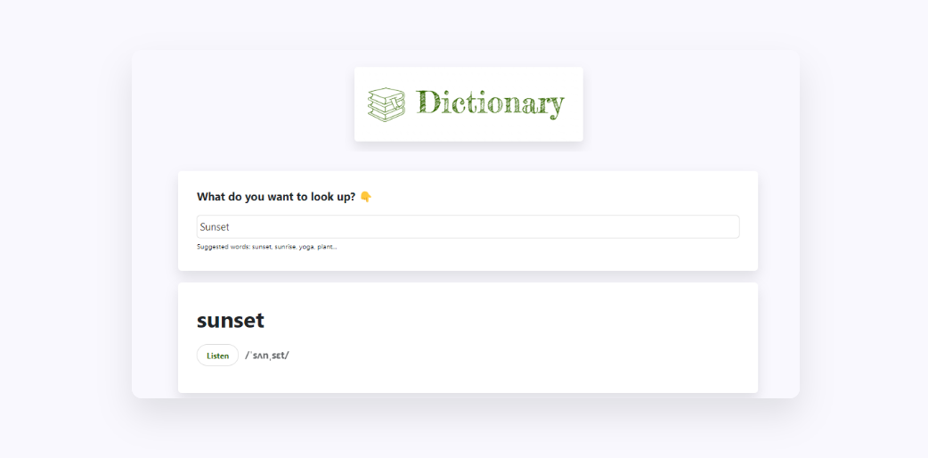 Screenshot of a dictionary project